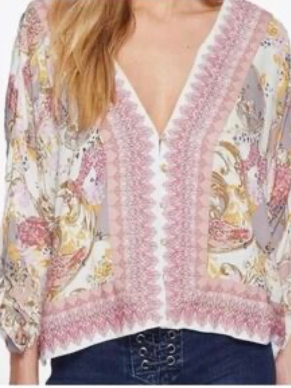 Printed Free People V-Neck Womens Top in Pink and Cream